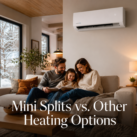 Family relaxing in a cozy living room during cold weather with a ComfortStar mini split mounted on the wall for heating comfort.