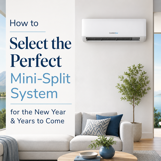 ComfortStar mini split installed in a bright modern living room with a clean guide-style title about selecting the perfect mini-split system for the new year.