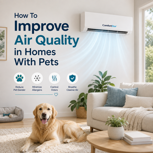 ComfortStar mini split cooling a bright pet-friendly living room with a golden retriever, airflow, clean air icons, and the title “How To Improve Air Quality in Homes With Pets.