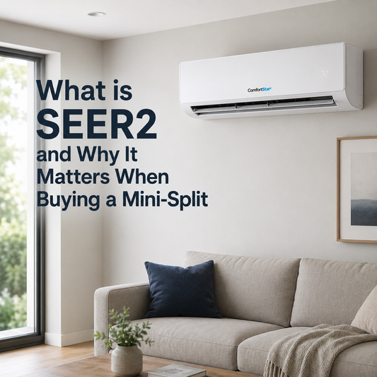Modern living room with a ComfortStar mini-split on the wall and clean title text explaining SEER2 efficiency for mini-split buyers.