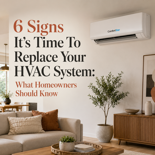 Square blog graphic showing a modern living room with a ComfortStar mini split on the wall and the headline “6 Signs It’s Time To Replace Your HVAC System: What Homeowners Should Know.