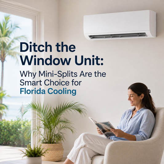 Wall-mounted mini split in a bright realistic Florida-style room with tropical plants, ocean view, woman reading, and the headline “Ditch the Window Unit: Why Mini-Splits Are the Smart Choice for Florida Cooling.