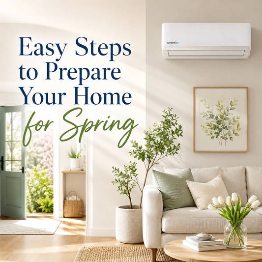 ComfortStar mini split mounted in a bright, airy living room with spring decor, soft natural light, and the title “Easy Steps to Prepare Your Home for Spring.