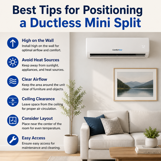 ComfortStar mini split installed high on a modern living room wall with simple placement tips for airflow, clearance, heat sources, room layout, and maintenance access.