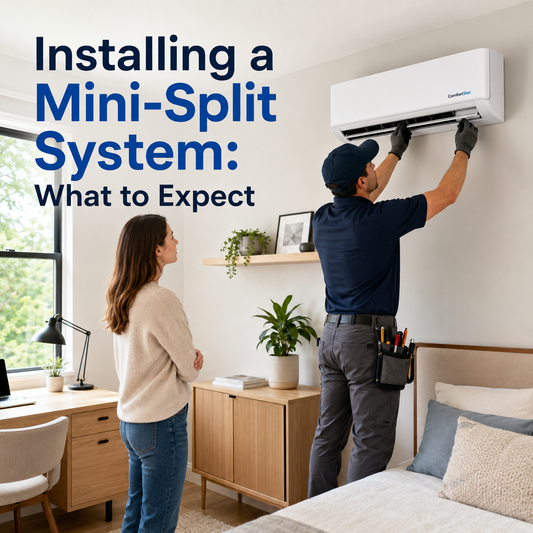 Technician installing a ComfortStar mini-split system in a bright bedroom while a homeowner watches.