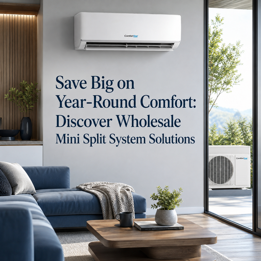 ComfortStar mini split system shown in a realistic modern living room with indoor wall unit, outdoor condenser visible through glass doors, blue sofa, natural light, and the title “Save Big on Year-Round Comfort.