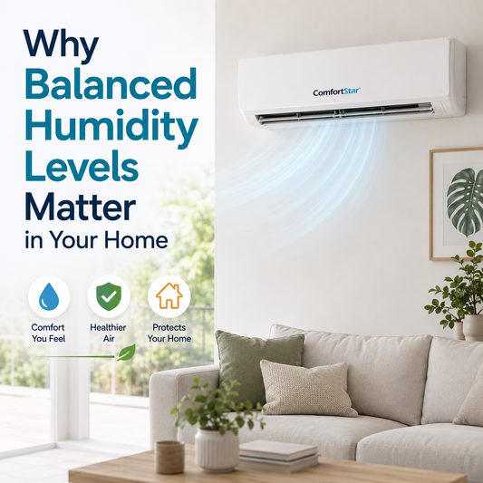 ComfortStar mini split cooling a bright modern living room with soft airflow, humidity icons, plants, and the title “Why Balanced Humidity Levels Matter in Your Home.