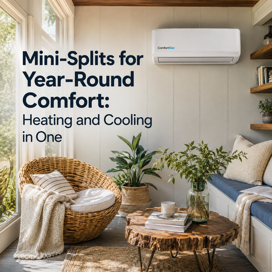 ComfortStar mini split installed in a cozy realistic sunroom with wicker chair, plants, built-in bench, natural light, and the headline “Mini-Splits for Year-Round Comfort: Heating and Cooling in One.