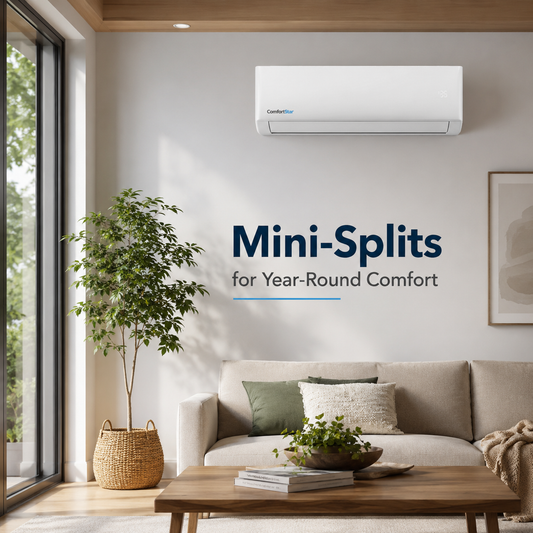 ComfortStar mini split installed in a bright modern living room with natural light, greenery, neutral sofa, wood coffee table, and the headline “Mini-Splits for Year-Round Comfort.