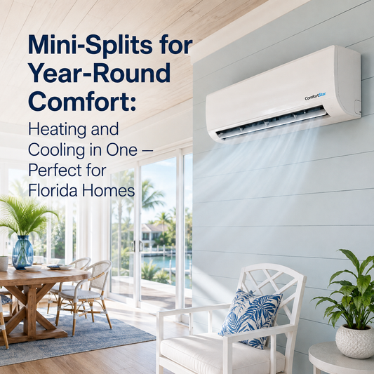 ComfortStar mini split cooling a bright realistic Florida coastal home with palm trees, blue accent wall, natural light, and the title “Mini-Splits for Year-Round Comfort: Heating and Cooling in One.