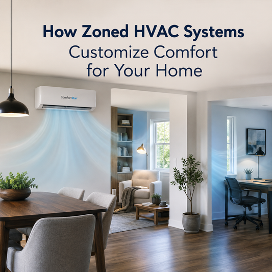 ComfortStar mini split cooling a realistic open home layout with separate rooms, soft airflow, and the title “How Zoned HVAC Systems Customize Comfort for Your Home.