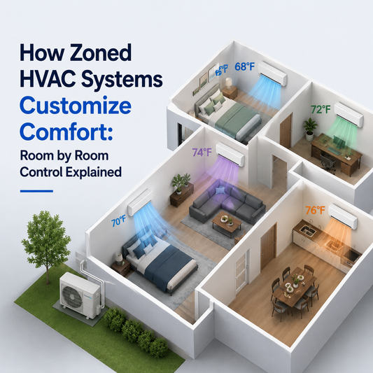 Isometric home layout showing ComfortStar mini splits controlling different rooms at separate temperatures, with airflow graphics and the title “How Zoned HVAC Systems Customize Comfort.
