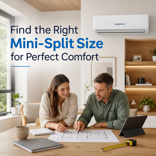 Couple reviewing room plans and sizing notes at a table in a bright modern home office with a ComfortStar mini split on the wall.
