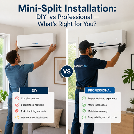 Split-screen comparison showing a homeowner attempting a DIY mini split installation beside a ComfortStar technician professionally installing a ComfortStar mini split in a clean modern room.