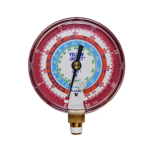 3-1/8" Dry Pressure Gauge, Red °F, BAR/PSI, 1/8" NPT Male Connection, R448A/449A/452A