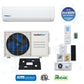 ComfortStar CPP3-12CA 12,000 BTU mini split system showing indoor and outdoor units, wireless remote, mounting pads, and included accessories.