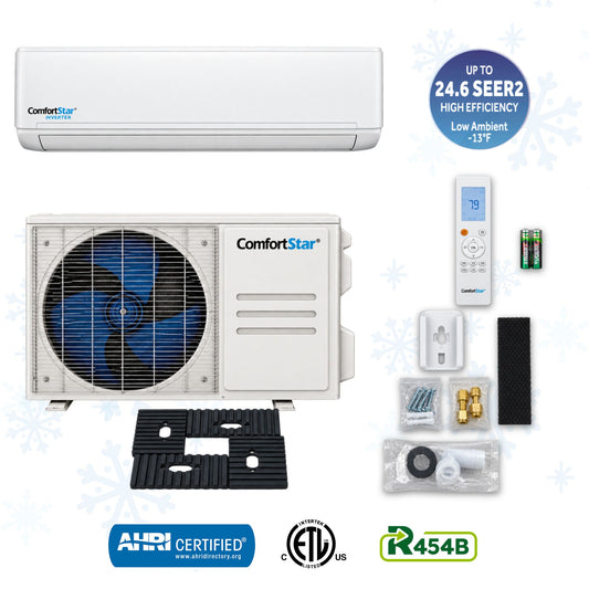ComfortStar CPP3-12CD 12,000 BTU mini split system showing indoor and outdoor units, wireless remote, mounting pads, and included accessories.