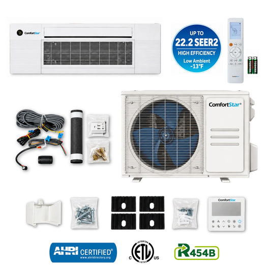 ComfortStar T1W3 12,000 BTU one-way cassette mini-split system with CPP3 outdoor unit, wireless remote, wired controller, and included installation accessories.