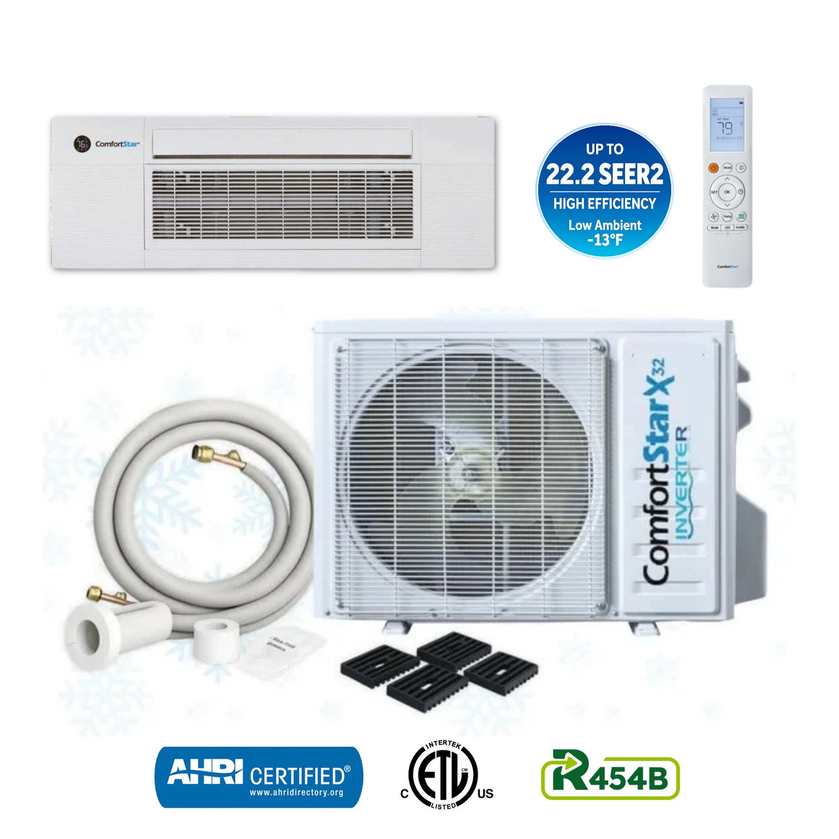 ComfortStar 9,000 BTU one-way cassette mini-split heat pump system with T1W3 indoor unit and matched CPP3 outdoor unit.
