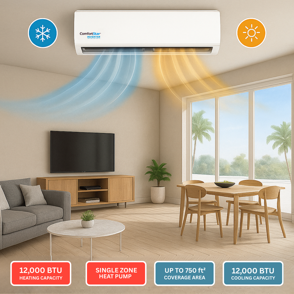 12,000 BTU Cooling + Heating - Wall Mounted Ductless Mini Split Air Conditioner Heat Pump – 24 SEER2 Energy-Efficient, Voltage 230V